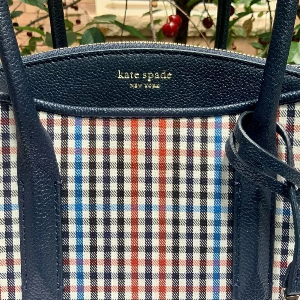 KATE SPADE MARGAUX MEDIUM SATCHEL HANDBAG IN BLUE RED BLACK PLAID + LEATHER TRIM